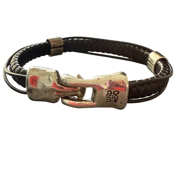 Uno de 50 Black Leather Silver Braided Bracelet